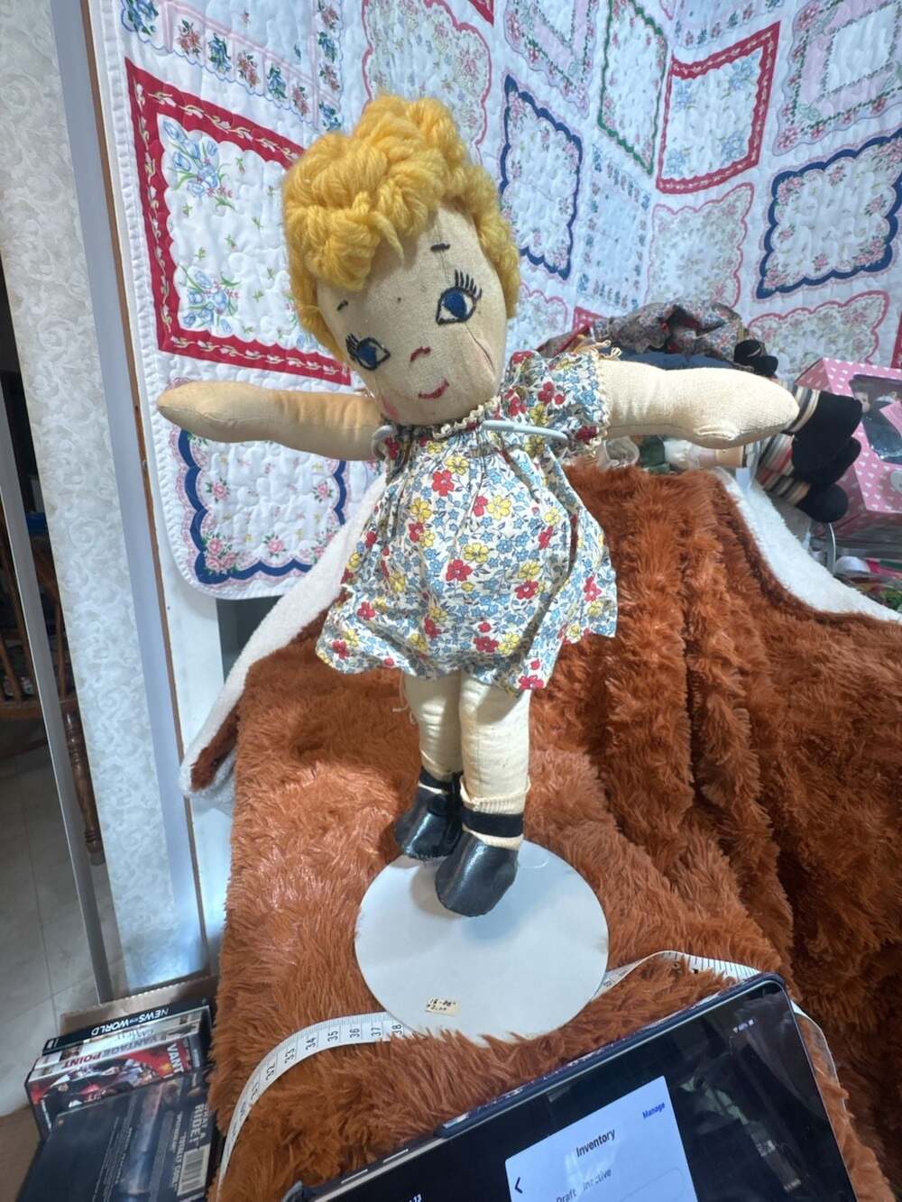 D4 Vintage Handmade Stuffed Cloth Doll with Yellow Yarn Hair and Floral Dress